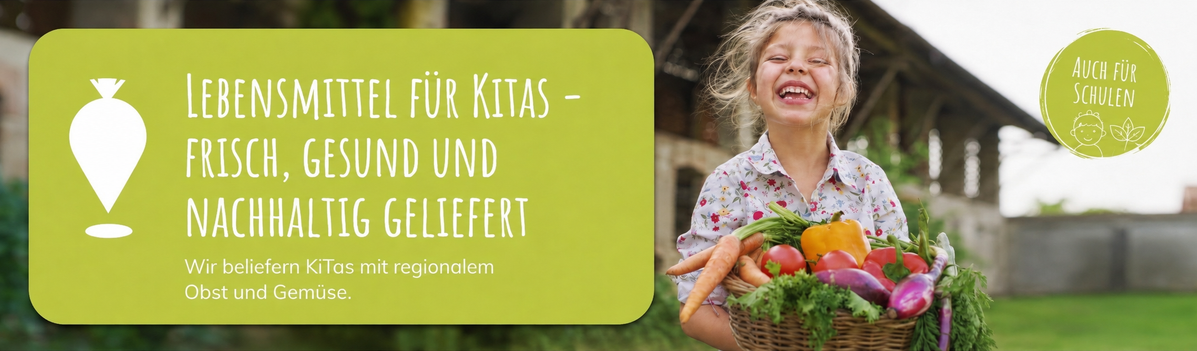 KI generiert: Ein Mädchen hält Gemüse. Text: "Lebensmittel für Kitas – frisch, gesund und nachhaltig geliefert."