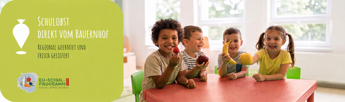 KI generiert: Kinder sitzen an einem Tisch und halten Obst. Text: "Schulobst direkt vom Bauernhof. Regional geerntet und frisch geliefert."